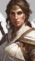 Closeup of Kassandra from Assassins Creed in white armor, Highly Detailed, Intricate, Artstation, Beautiful, Digital Painting, Sharp Focus, Concept Art, Elegant by Alphonse Mucha, Greg Rutkowski