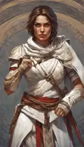 Closeup of Kassandra from Assassins Creed in white armor, Highly Detailed, Intricate, Artstation, Beautiful, Digital Painting, Sharp Focus, Concept Art, Elegant by Alphonse Mucha, Greg Rutkowski