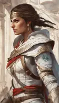 Closeup of Kassandra from Assassins Creed in white armor, Highly Detailed, Intricate, Artstation, Beautiful, Digital Painting, Sharp Focus, Concept Art, Elegant by Alphonse Mucha, Greg Rutkowski