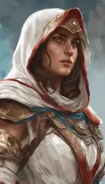 Closeup of Kassandra from Assassins Creed in white armor, Highly Detailed, Intricate, Artstation, Beautiful, Digital Painting, Sharp Focus, Concept Art, Elegant by Alphonse Mucha, Greg Rutkowski