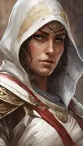 Closeup of Kassandra from Assassins Creed in white armor, Highly Detailed, Intricate, Artstation, Beautiful, Digital Painting, Sharp Focus, Concept Art, Elegant by Alphonse Mucha, Greg Rutkowski