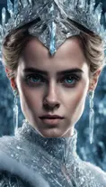 Headshot of a beautiful Emma Watson as an Ice Queen, 8k, Highly Detailed, Intricate, Intricate Artwork, Symmetry, Trending on Artstation, Cinematic Lighting, Octane Render, Iridescence, Abstract colors, Realism by Dan Mumford, Greg Rutkowski, WLOP