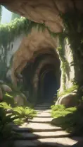 Arc hallway for secret overwatch habitation quarters carved inside a cave surrounding a lush garden, 8k, Trending on Artstation, Minimalism, Unimaginable Beauty, Sharp Focus, 3D Rendering, Unreal Engine, Natural Light, Concept Art, Naturalism