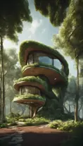 Beautiful futuristic organic house made from imaginary plants in a forest, 8k, Award-Winning, Highly Detailed, Beautiful, Epic, Octane Render, Unreal Engine, Radiant, Volumetric Lighting by Greg Rutkowski