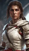 Kassandra from Assassins Creed in white armor, 8k, Highly Detailed, Artstation, Beautiful, Digital Illustration, Sharp Focus, Unreal Engine, Concept Art