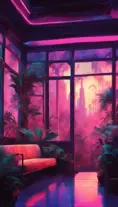 A beautiful render of city sunroom by georgia o'keeffe, galactic alien synthwave rainforest noir thermal imaging myst uv light, flowers, Highly Detailed, Digital Painting, Cinematic Lighting, Neon, Concept Art