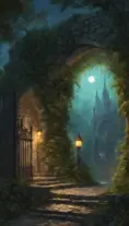 A beautiful digital illustration painting of a detailed gothic fantasy fireflies forest trees and iron gate cobblestone pathway vines full moon, 8k, Artstation, Digital Illustration, Concept Art by Justin Gerard, James Gurney