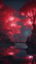 A magical pond in a fantasy forest with glowing red trees at night, 4k, HQ, Intricate, Artstation, Cinematic Lighting, Photo Realistic, Sharp Focus, Unreal Engine, Dark