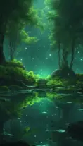 A magical pond in a fantasy forest with glowing green trees at night, 4k, HQ, Intricate, Artstation, Cinematic Lighting, Photo Realistic, Sharp Focus, Unreal Engine, Dark