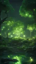 A magical pond in a fantasy forest with glowing green trees at night, 4k, HQ, Intricate, Artstation, Cinematic Lighting, Photo Realistic, Sharp Focus, Unreal Engine, Dark