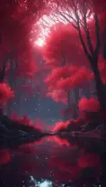 A magical pond in a fantasy forest with glowing red trees at night, 4k, HQ, Intricate, Artstation, Cinematic Lighting, Photo Realistic, Sharp Focus, Unreal Engine, Dark
