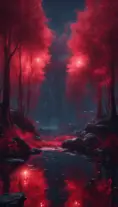 A magical pond in a fantasy forest with glowing red trees at night, 4k, HQ, Intricate, Artstation, Cinematic Lighting, Photo Realistic, Sharp Focus, Unreal Engine, Dark