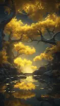 A magical pond in a fantasy forest with glowing yellow trees at night, 4k, HQ, Intricate, Artstation, Cinematic Lighting, Photo Realistic, Sharp Focus, Unreal Engine, Dark