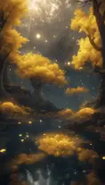 A magical pond in a fantasy forest with glowing yellow trees at night, 4k, HQ, Intricate, Artstation, Cinematic Lighting, Photo Realistic, Sharp Focus, Unreal Engine, Dark