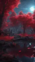 A magical pond in a fantasy forest with glowing red trees at night, 4k, HQ, Intricate, Artstation, Cinematic Lighting, Photo Realistic, Sharp Focus, Unreal Engine, Dark