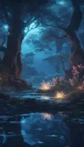 A magical pond in a fantasy forest with glowing blue trees at night, 4k, HQ, Intricate, Artstation, Cinematic Lighting, Photo Realistic, Sharp Focus, Unreal Engine, Dark
