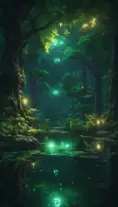 A magical pond in a fantasy forest with glowing green trees at night, 4k, HQ, Intricate, Artstation, Cinematic Lighting, Photo Realistic, Sharp Focus, Unreal Engine, Dark
