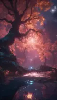 A magical pond in a fantasy forest with glowing trees at night, 4k, HQ, Intricate, Artstation, Cinematic Lighting, Photo Realistic, Sharp Focus, Unreal Engine, Dark