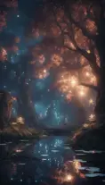 A magical pond in a fantasy forest with glowing trees at night, 4k, HQ, Intricate, Artstation, Cinematic Lighting, Photo Realistic, Sharp Focus, Unreal Engine, Dark