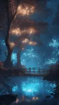 A magical pond in a fantasy forest with glowing blue trees at night, 4k, HQ, Intricate, Artstation, Cinematic Lighting, Photo Realistic, Sharp Focus, Unreal Engine, Dark