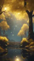 A magical pond in a fantasy forest with glowing yellow trees at night, 4k, HQ, Intricate, Artstation, Cinematic Lighting, Photo Realistic, Sharp Focus, Unreal Engine, Dark
