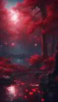 A magical pond in a fantasy forest with glowing red trees at night, 4k, HQ, Intricate, Artstation, Cinematic Lighting, Photo Realistic, Sharp Focus, Unreal Engine, Dark