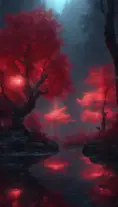 A magical pond in a fantasy forest with glowing red trees at night, 4k, HQ, Intricate, Artstation, Cinematic Lighting, Photo Realistic, Sharp Focus, Unreal Engine, Dark