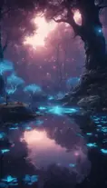 A magical pond in a fantasy forest with glowing blue trees at night, 4k, HQ, Intricate, Artstation, Cinematic Lighting, Photo Realistic, Sharp Focus, Unreal Engine, Dark