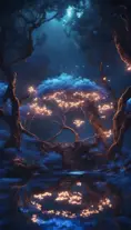 A magical pond in a fantasy forest with glowing blue trees at night, 4k, HQ, Intricate, Artstation, Cinematic Lighting, Photo Realistic, Sharp Focus, Unreal Engine, Dark