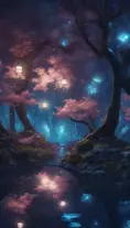 A magical pond in a fantasy forest with glowing blue trees at night, 4k, HQ, Intricate, Artstation, Cinematic Lighting, Photo Realistic, Sharp Focus, Unreal Engine, Dark