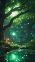 A magical pond in a fantasy forest with glowing green trees at night, 4k, HQ, Intricate, Artstation, Cinematic Lighting, Photo Realistic, Sharp Focus, Unreal Engine, Dark