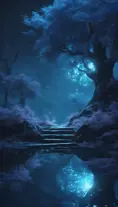 A magical pond in a fantasy forest with glowing blue trees at night, 4k, HQ, Intricate, Artstation, Cinematic Lighting, Photo Realistic, Sharp Focus, Unreal Engine, Dark