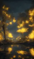 A magical pond in a fantasy forest with glowing yellow trees at night, 4k, HQ, Intricate, Artstation, Cinematic Lighting, Photo Realistic, Sharp Focus, Unreal Engine, Dark