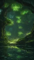 A magical pond in a fantasy forest with glowing green trees at night, 4k, HQ, Intricate, Artstation, Cinematic Lighting, Photo Realistic, Sharp Focus, Unreal Engine, Dark