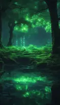 A magical pond in a fantasy forest with glowing green trees at night, 4k, HQ, Intricate, Artstation, Cinematic Lighting, Photo Realistic, Sharp Focus, Unreal Engine, Dark