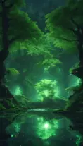 A magical pond in a fantasy forest with glowing green trees at night, 4k, HQ, Intricate, Artstation, Cinematic Lighting, Photo Realistic, Sharp Focus, Unreal Engine, Dark