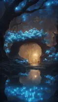 A magical pond in a fantasy forest with glowing blue trees at night, 4k, HQ, Intricate, Artstation, Cinematic Lighting, Photo Realistic, Sharp Focus, Unreal Engine, Dark