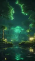 A magical pond in a fantasy forest with glowing green trees at night, 4k, HQ, Intricate, Artstation, Cinematic Lighting, Photo Realistic, Sharp Focus, Unreal Engine, Dark