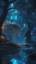 A magical pond in a fantasy forest with glowing blue trees at night, 4k, HQ, Intricate, Artstation, Cinematic Lighting, Photo Realistic, Sharp Focus, Unreal Engine, Dark