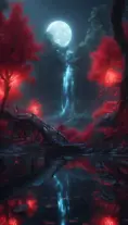 A magical pond in a fantasy forest with glowing red trees at night, 4k, HQ, Intricate, Artstation, Cinematic Lighting, Photo Realistic, Sharp Focus, Unreal Engine, Dark