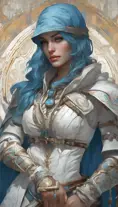 Closeup of blue haired witch from Assassins Creed in white armor, Highly Detailed, Intricate, Artstation, Beautiful, Digital Painting, Sharp Focus, Concept Art, Elegant by Alphonse Mucha, Greg Rutkowski