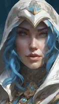 Closeup of blue haired witch from Assassins Creed in white armor, Highly Detailed, Intricate, Artstation, Beautiful, Digital Painting, Sharp Focus, Concept Art, Elegant by Alphonse Mucha, Greg Rutkowski