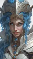 Closeup of blue haired witch from Assassins Creed in white armor, Highly Detailed, Intricate, Artstation, Beautiful, Digital Painting, Sharp Focus, Concept Art, Elegant by Alphonse Mucha, Greg Rutkowski