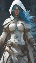 Closeup of blue haired witch from Assassins Creed in white armor, Highly Detailed, Intricate, Artstation, Beautiful, Digital Painting, Sharp Focus, Concept Art, Elegant by Alphonse Mucha, Greg Rutkowski