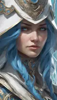 Closeup of blue haired witch from Assassins Creed in white armor, Highly Detailed, Intricate, Artstation, Beautiful, Digital Painting, Sharp Focus, Concept Art, Elegant by Alphonse Mucha, Greg Rutkowski