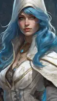 Closeup of blue haired witch from Assassins Creed in white armor, Highly Detailed, Intricate, Artstation, Beautiful, Digital Painting, Sharp Focus, Concept Art, Elegant by Alphonse Mucha, Greg Rutkowski