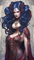 A pale snake skin woman with striking violet-red eyes and full lips curved into a cold, calculating smile. Her dynamic midnight blue hair is styled in intricate braids, adorned with shimmering gems. She possesses large, heavy cleavage and wears form-fitting robes of deep crimson and ebony, with a decorated bodice featuring intricate patterns and arcane sigils that reveal her mastery of dark magic. The woman stands confidently in a hyper-detailed tavern background. Powerful and muscular, this gothic and fantasy character is inspired by trending Artstation concepts. The scene is beautifully lit to emphasize her enchanting yet sinister presence. Channeling the artistic style of Stanley Artgerm Lau, the resulting image should be high-quality, detailed, and a true masterpiece—created in high resolution, extremely detailed, and presented in 8k and HD quality, reminiscent of 8k photography, suitable for the world of DnD., Powerful, Gothic and Fantasy, Trending on Artstation, DnD, Beautifully Lit, Fantasy, Muscular by Stanley Artgerm Lau