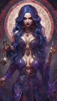 A pale snake skin woman with striking violet-red eyes and full lips curved into a cold, calculating smile. Her dynamic midnight blue hair is styled in intricate braids, adorned with shimmering gems. She possesses large, heavy cleavage and wears form-fitting robes of deep crimson and ebony, with a decorated bodice featuring intricate patterns and arcane sigils that reveal her mastery of dark magic. The woman stands confidently in a hyper-detailed tavern background. Powerful and muscular, this gothic and fantasy character is inspired by trending Artstation concepts. The scene is beautifully lit to emphasize her enchanting yet sinister presence. Channeling the artistic style of Stanley Artgerm Lau, the resulting image should be high-quality, detailed, and a true masterpiece—created in high resolution, extremely detailed, and presented in 8k and HD quality, reminiscent of 8k photography, suitable for the world of DnD., Powerful, Gothic and Fantasy, Trending on Artstation, DnD, Beautifully Lit, Fantasy, Muscular by Stanley Artgerm Lau