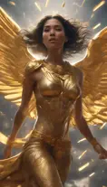 A visually striking masterpiece capturing a woman running through clouds of luminous gold dust. Exquisite details, top-quality composition, and an official aesthetic create an extremely detailed work of art, reflecting the ethereal beauty of this captivating moment., 8k, Egyptian Mythology, Beautiful, Ethereal, Comic, Photo Realistic, Realistic, Artgerm, Unreal Engine, Comics by Stanley Artgerm Lau