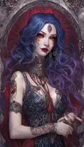 A pale snake skin woman with striking violet-red eyes and full lips curved into a cold, calculating smile. Her dynamic midnight blue hair is styled in intricate braids, adorned with shimmering gems. She possesses large, heavy cleavage and wears form-fitting robes of deep crimson and ebony, with a decorated bodice featuring intricate patterns and arcane sigils that reveal her mastery of dark magic. The woman stands confidently in a hyper-detailed tavern background. Powerful and muscular, this gothic and fantasy character is inspired by trending Artstation concepts. The scene is beautifully lit to emphasize her enchanting yet sinister presence. Channeling the artistic style of Stanley Artgerm Lau, the resulting image should be high-quality, detailed, and a true masterpiece—created in high resolution, extremely detailed, and presented in 8k and HD quality, reminiscent of 8k photography, suitable for the world of DnD., 8k, Hyper Detailed, Powerful, Gothic and Fantasy, Symmetry, Trending on Artstation, Beautiful, DnD, Fisheye lens, Beautifully Lit, Naturalism, Fantasy, Muscular, Hyper Realistic